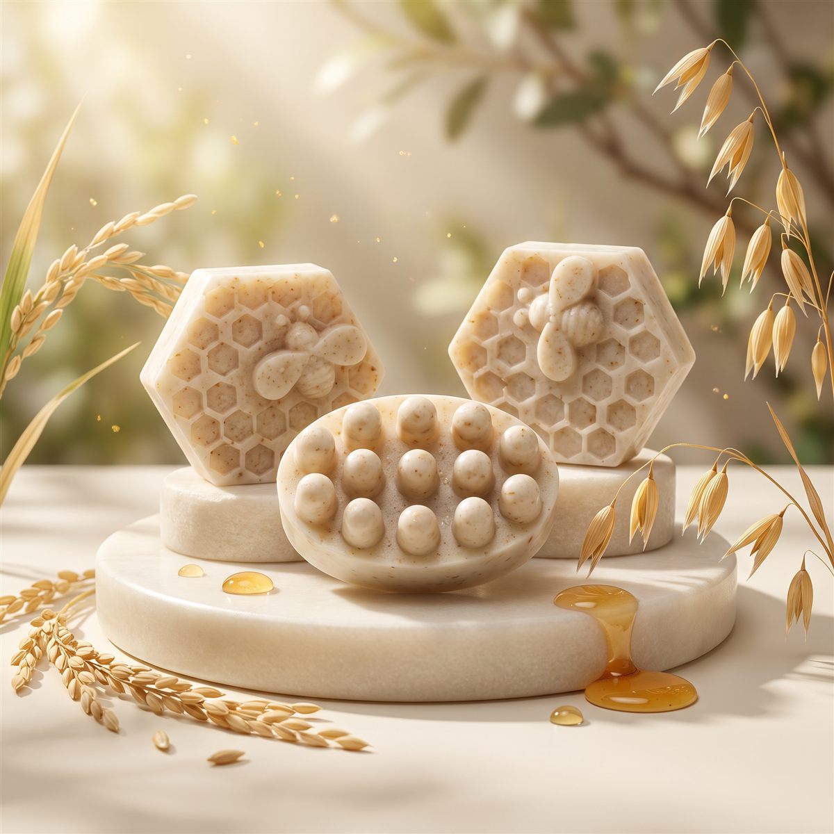 Rice, oat and honey soaps with honeycomb pattern