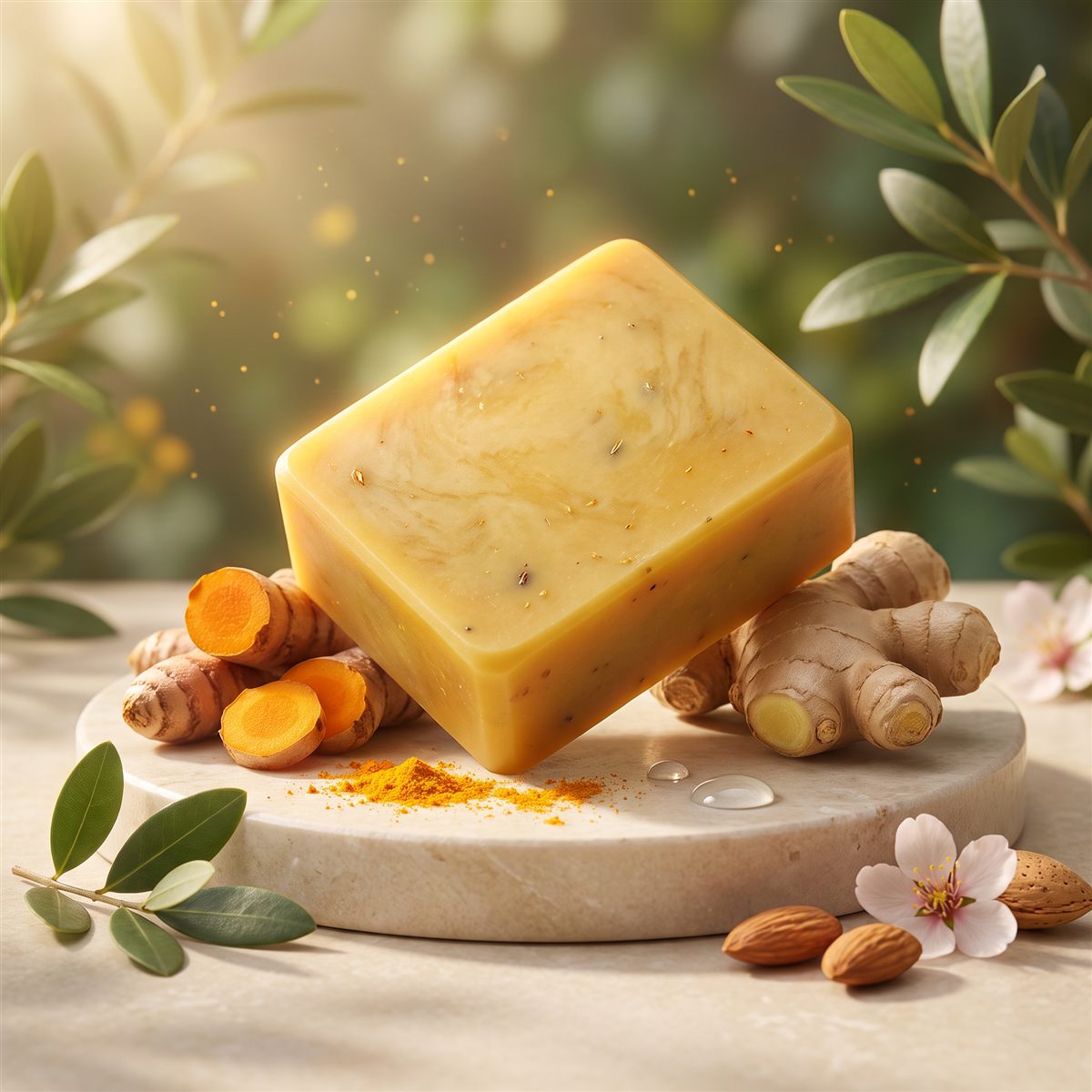 Turmeric and ginger soap bar on a stone pedestal
